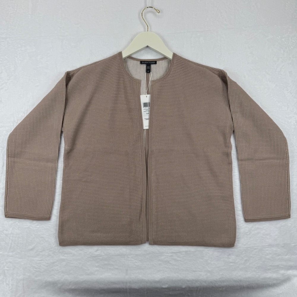 Eileen Fisher Silk Organic Cotton Waffle Knit Open Front Cardigan Top S Beige